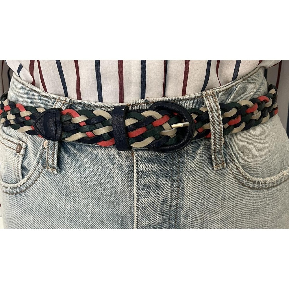 Vintage 70s 80s Argentina Navy Multicolored Leather Braided Belt SizevS/M Preppy